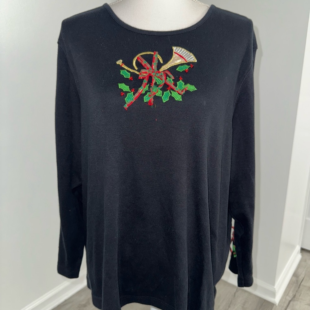 Studio Joy Black‎ Holiday Top 2X Embroidered Horn Holly Bows Christmas Plus